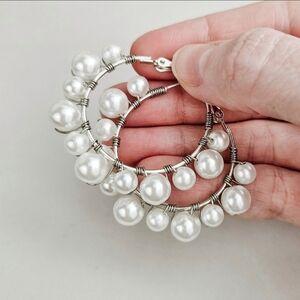 Handmade White Faux Beaded Pearl Silver Hoop Earrings - Jewelry by Michelle Ann